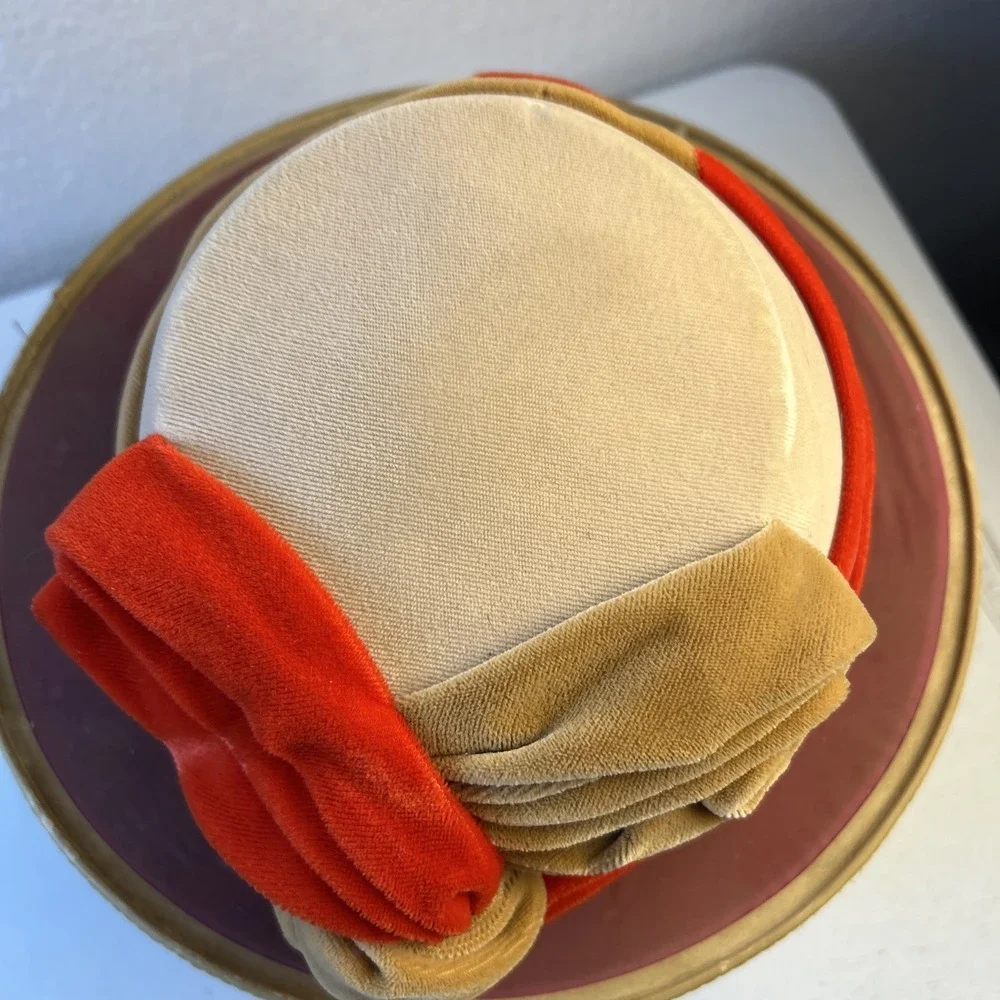 Vintage Patricia‎ Velvet Turban Hat Orange And Brown With Hat Box - Picture 3 of 8
